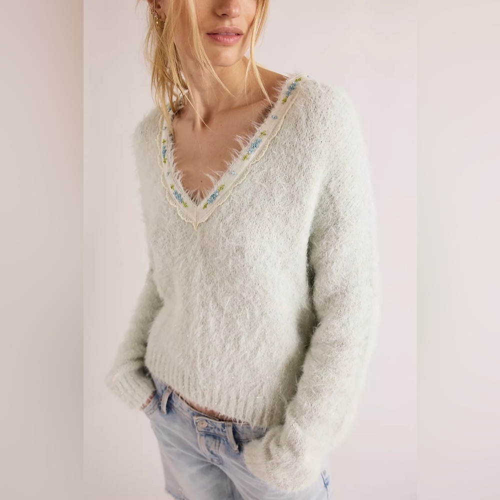 NWT Free People Light Blue Fuzzy Sweater With Beaded Detais